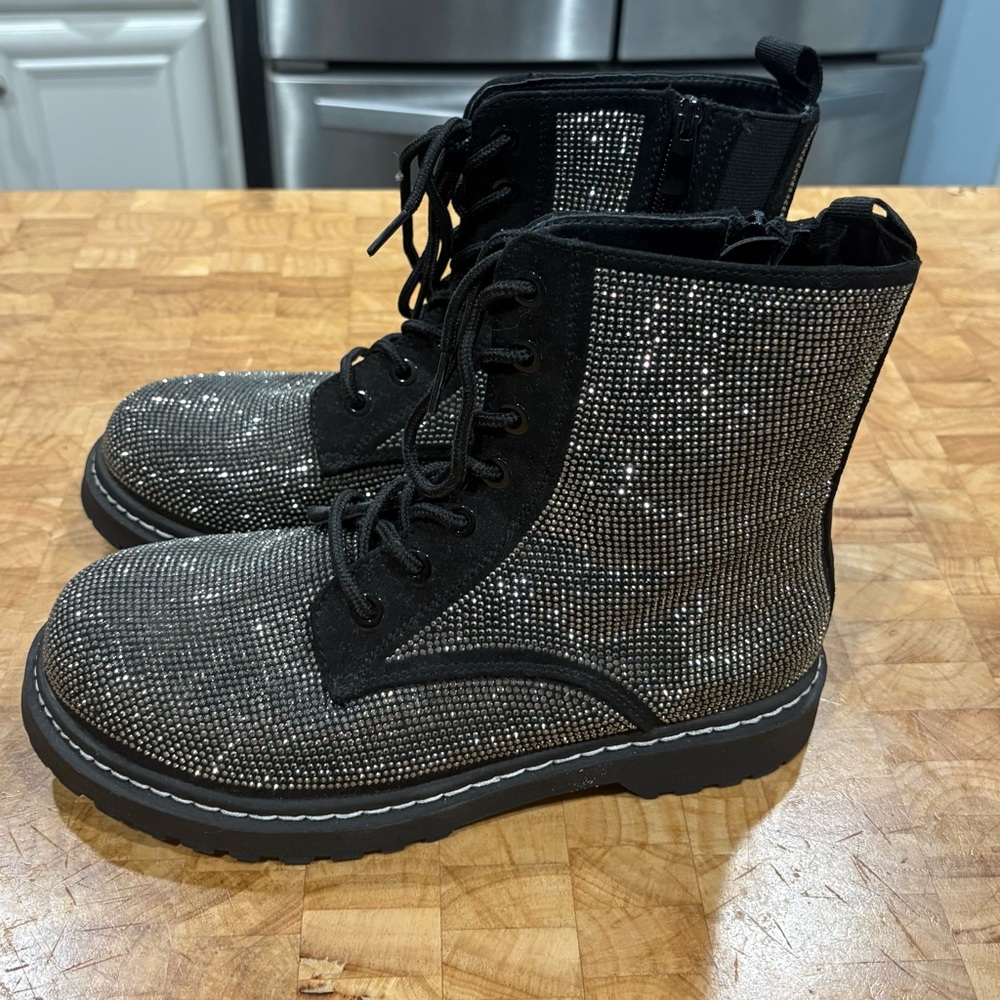 torrid Black and Silver Rhinestone Combat Boots Size 9WW
